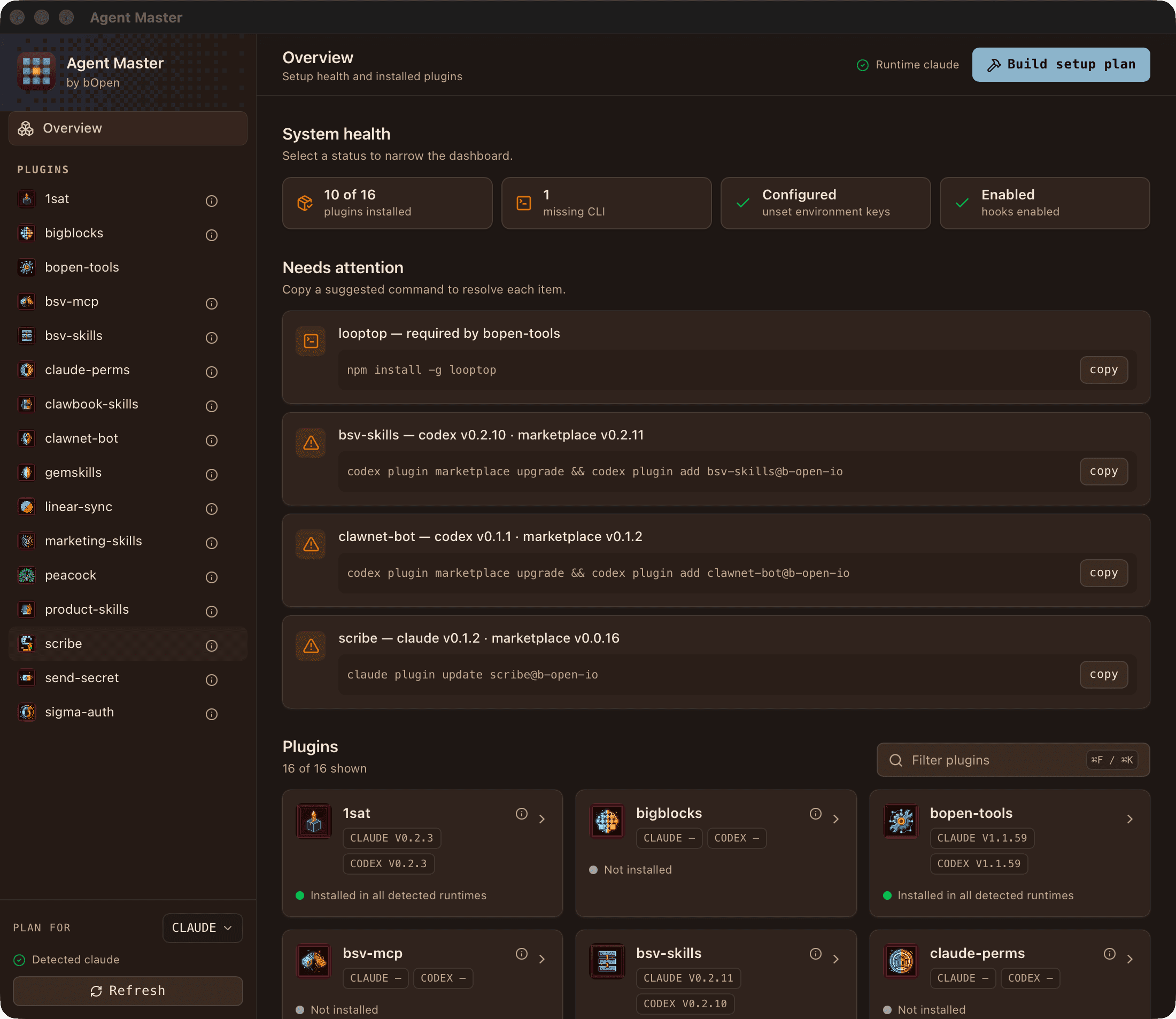 The Agent Master desktop app: sidebar of installed plugins with their catalog icons, system-health chips, and needs-attention cards with copyable fix commands for version drift and missing CLIs
